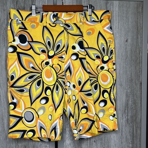 Loudmouth Golf Shorts Size 36 Yellow Black Orange Floral 10" Inseam Bermuda - Picture 1 of 8